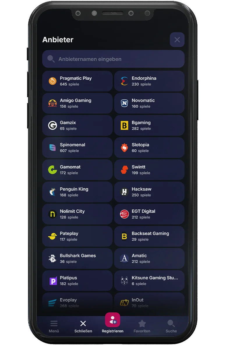 Screenshot eines Online-Casinos auf einem Mobiltelefon