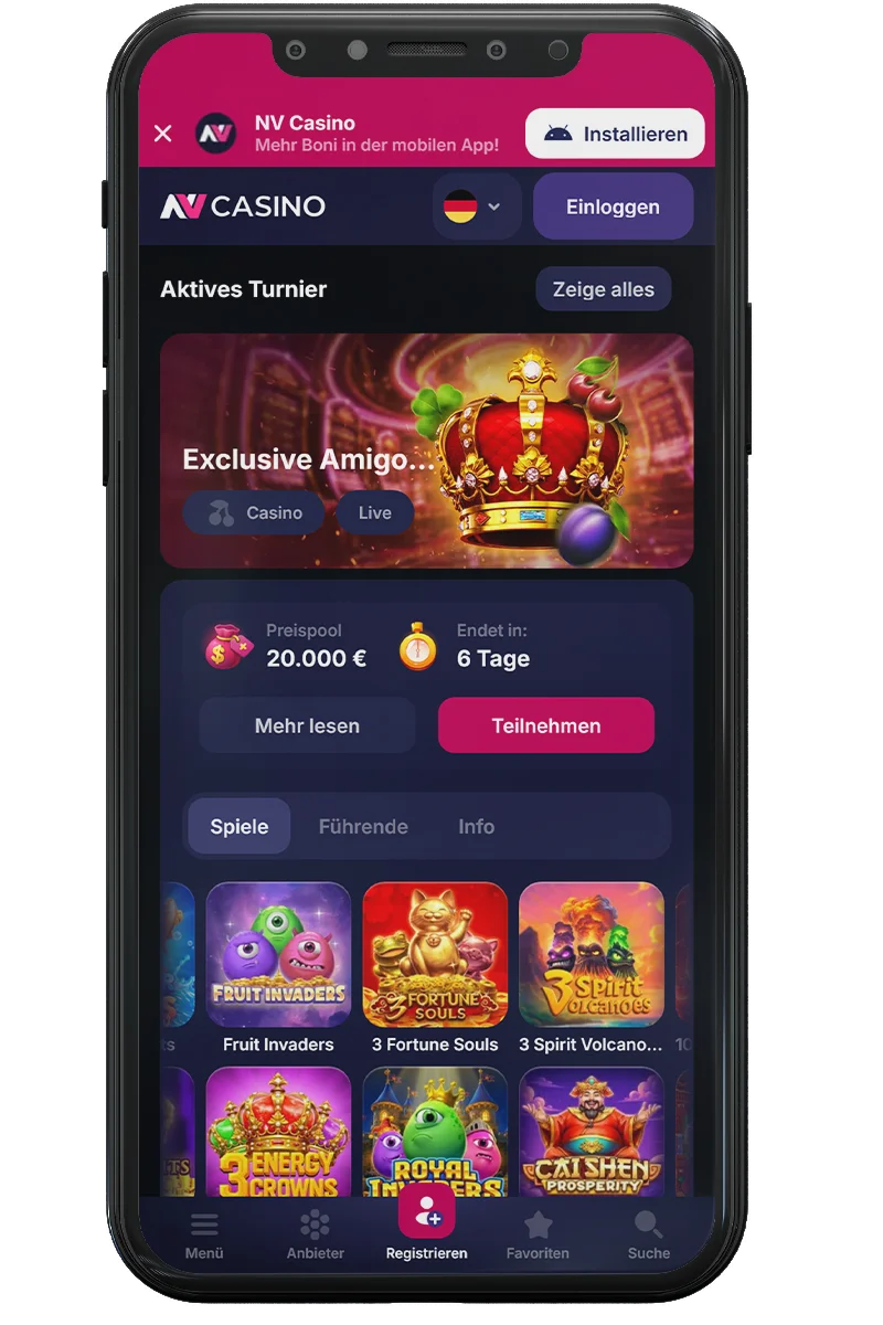 Screenshot eines Online-Casinos auf einem Mobiltelefon